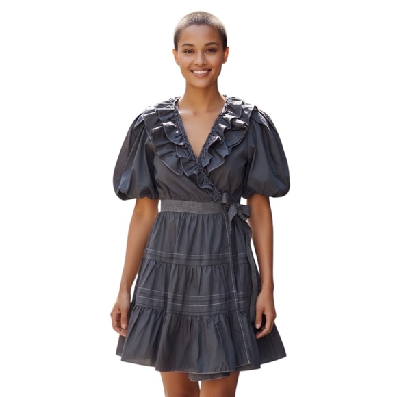 En Saison Tuckernuck Camila Mini Wrap Dress Tiered Puff Sleeves Gray Size Medium - Picture 1 of 10
